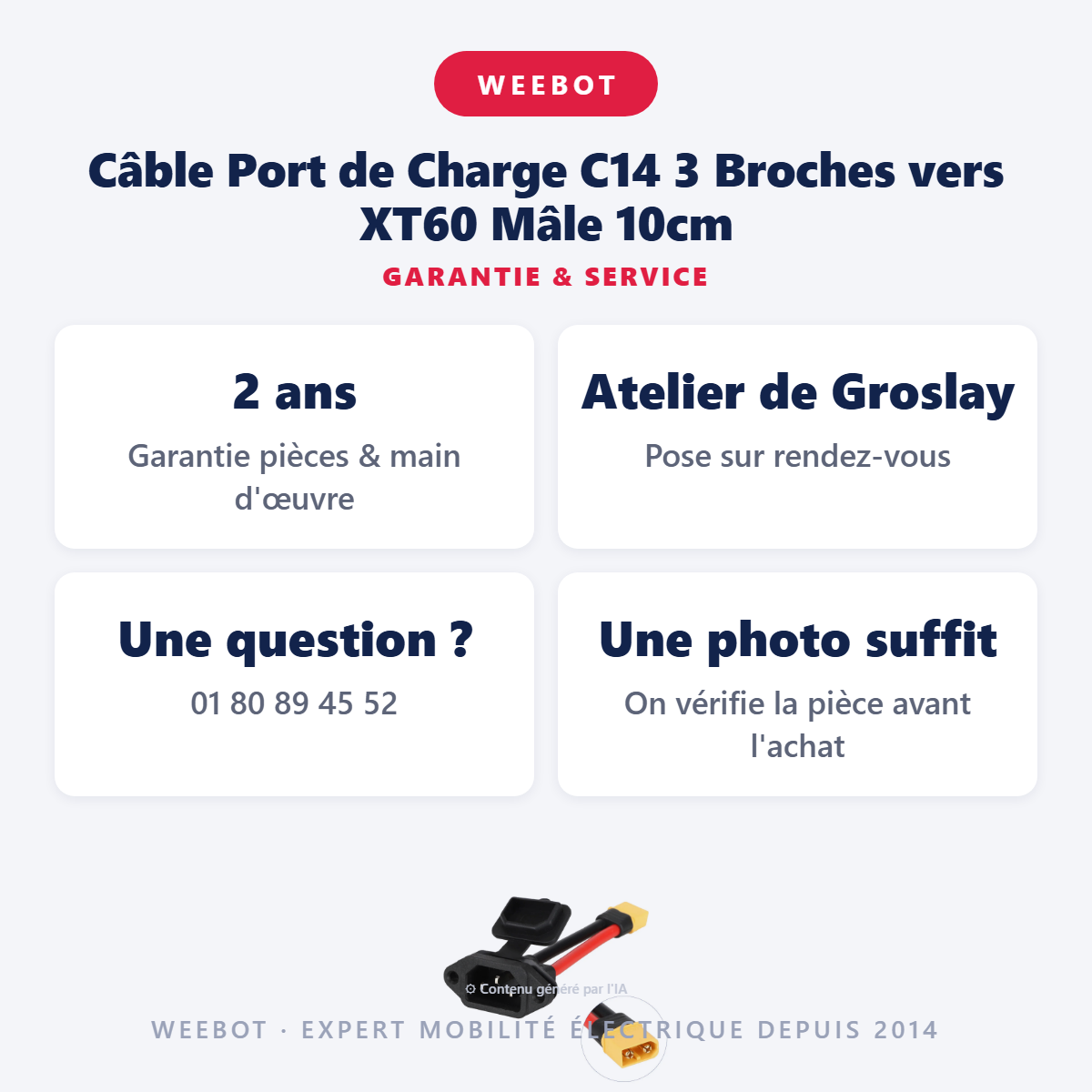 Câble Port de Charge C14 3 Broches vers XT60 Mâle 10cm : garantie 2 ans et service après-vente