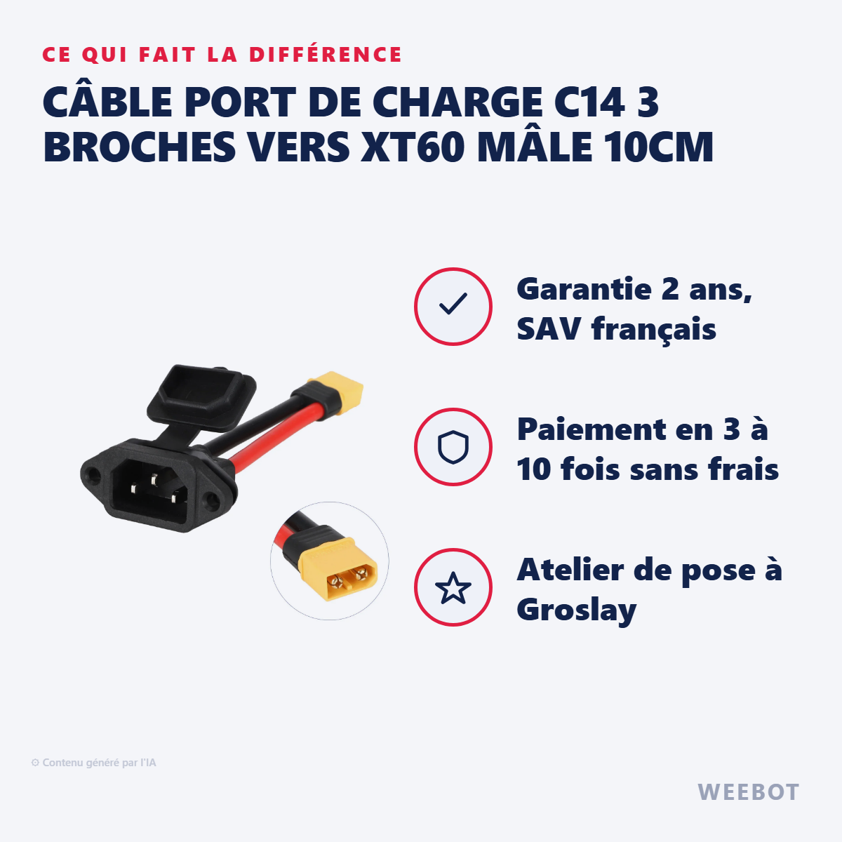 Câble Port de Charge C14 3 Broches vers XT60 Mâle 10cm : les points forts