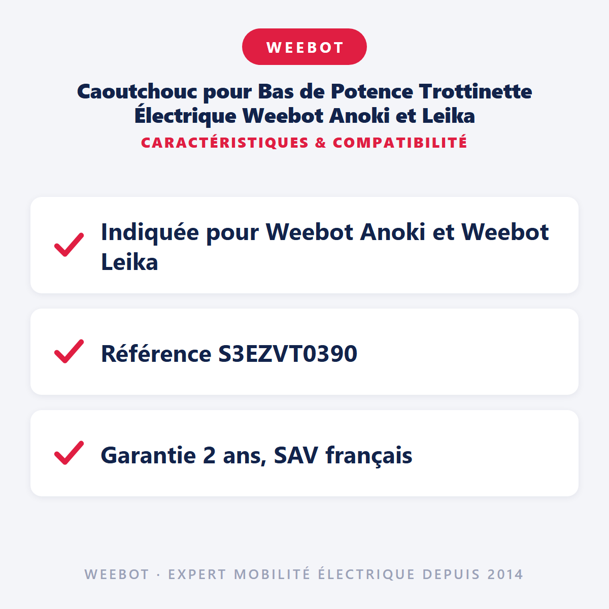 Caoutchouc pour Bas de Potence Trottinette Électrique Weebot Anoki et Leika : caractéristiques et compatibilité