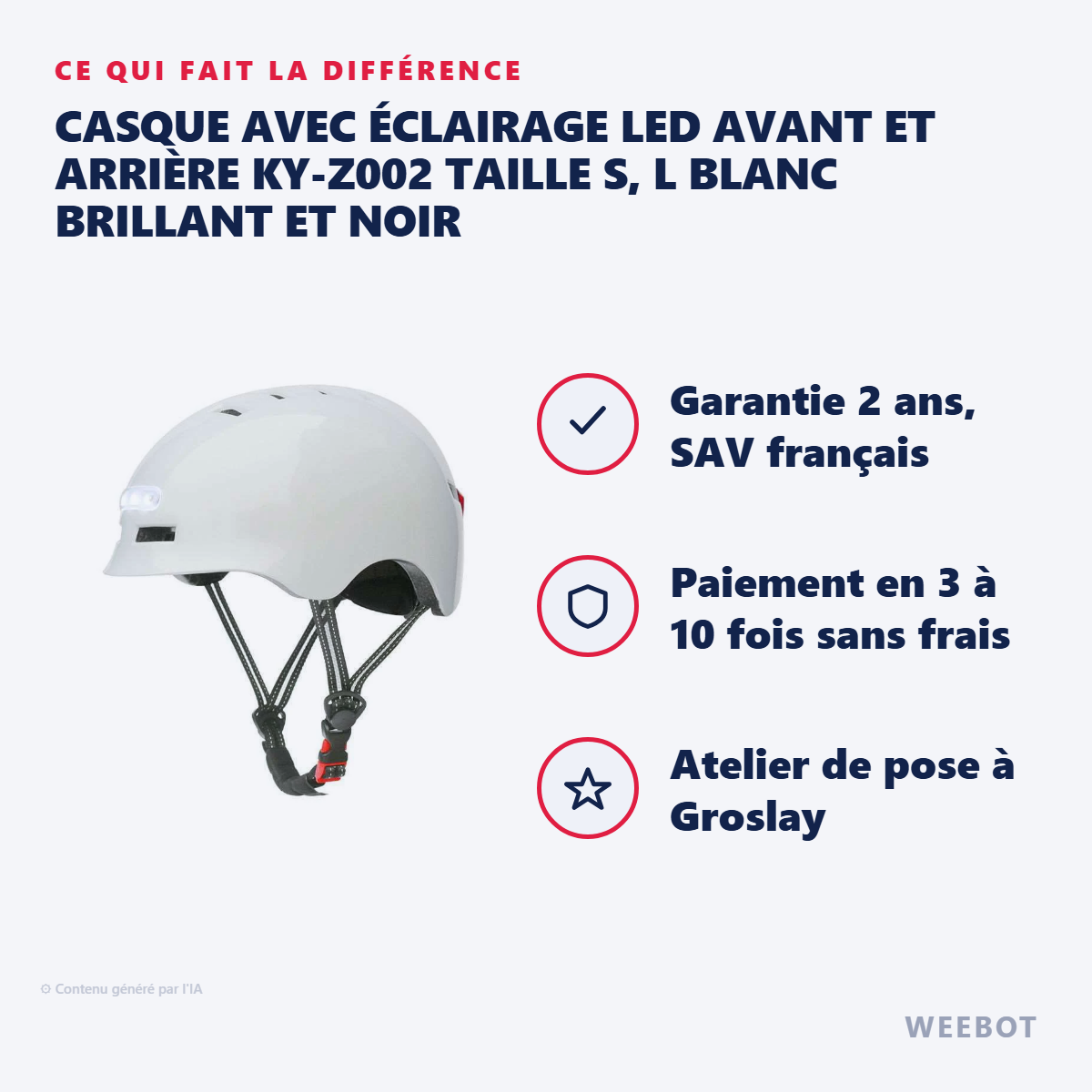 Casque avec Éclairage LED Avant et Arrière KY-Z002 Taille S, L Blanc Brillant et Noir : les points forts