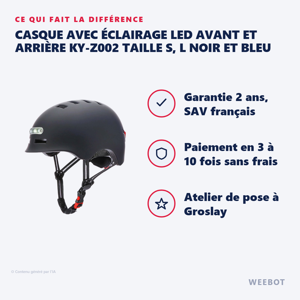Casque avec Éclairage LED Avant et Arrière KY-Z002 Taille S, L Noir et Bleu : les points forts