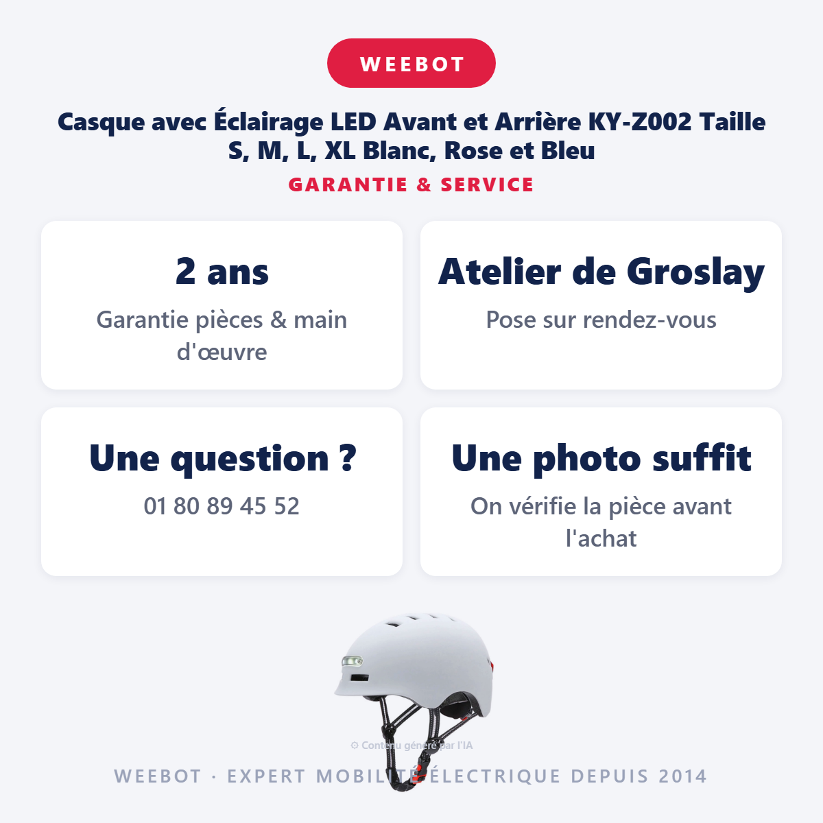 Casque avec Éclairage LED Avant et Arrière KY-Z002 Taille S, M, L, XL Blanc, Rose et Bleu : garantie 2 ans et service après-vente