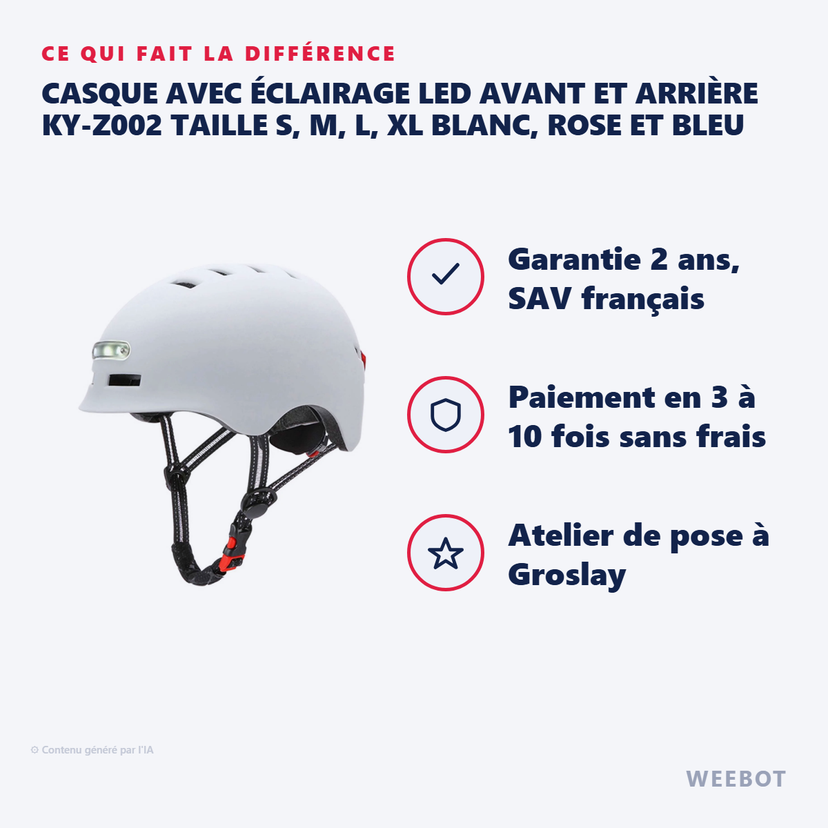 Casque avec Éclairage LED Avant et Arrière KY-Z002 Taille S, M, L, XL Blanc, Rose et Bleu : les points forts