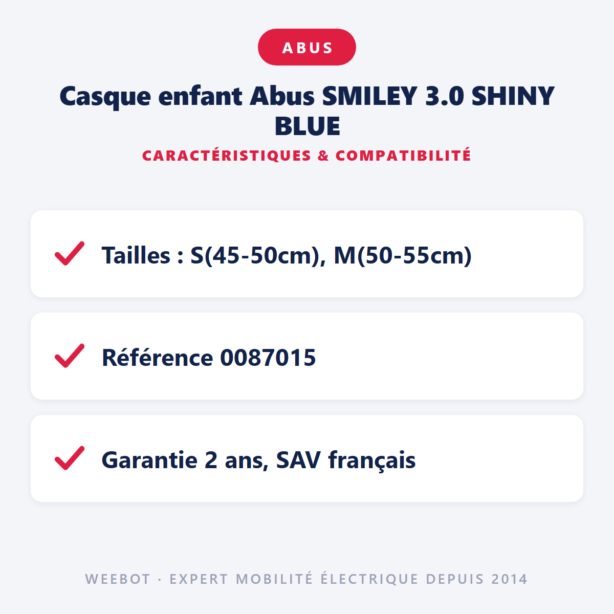 Casque enfant Abus SMILEY 3.0 SHINY BLUE : caractéristiques et compatibilité