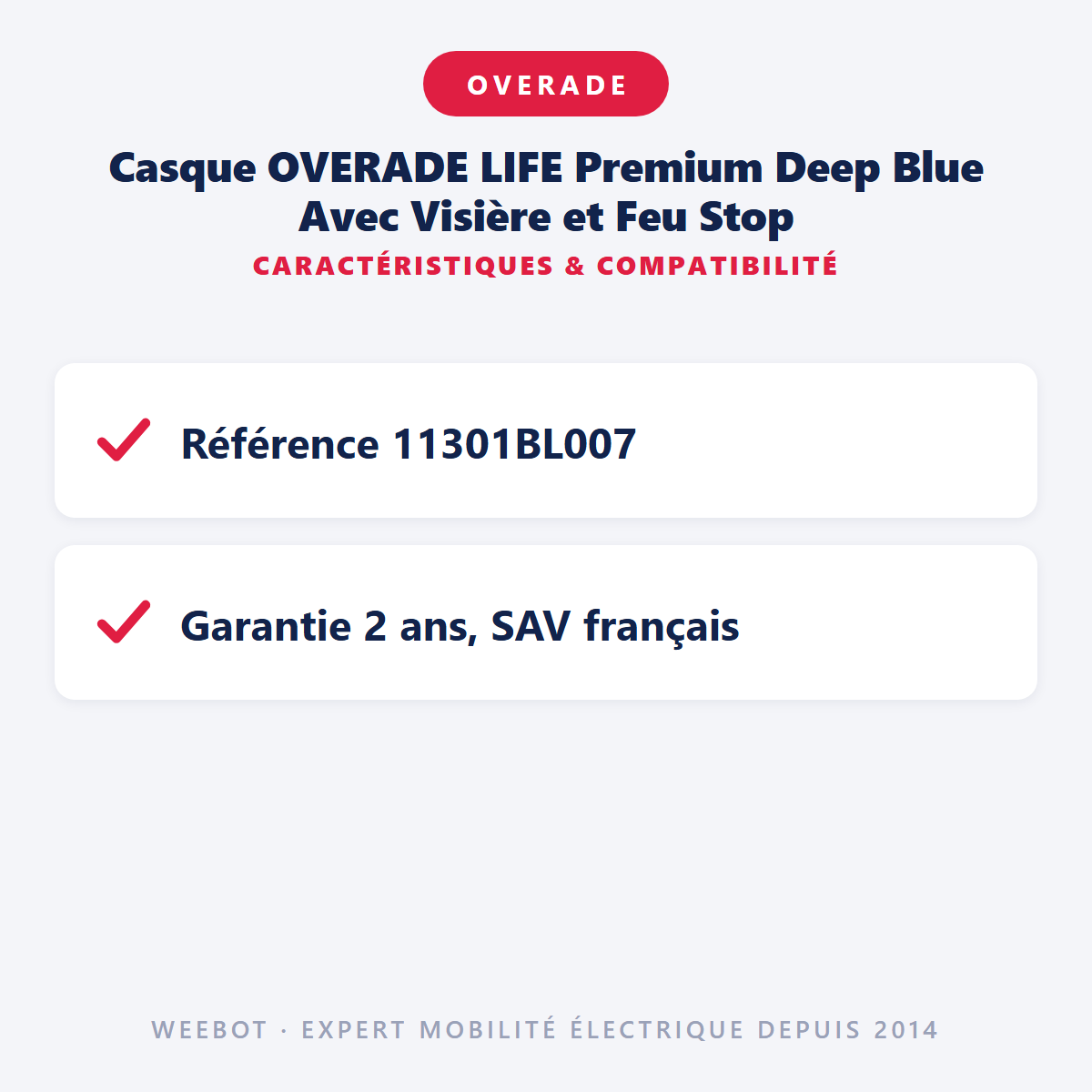 Casque OVERADE LIFE Premium Deep Blue Avec Visière et Feu Stop : caractéristiques et compatibilité