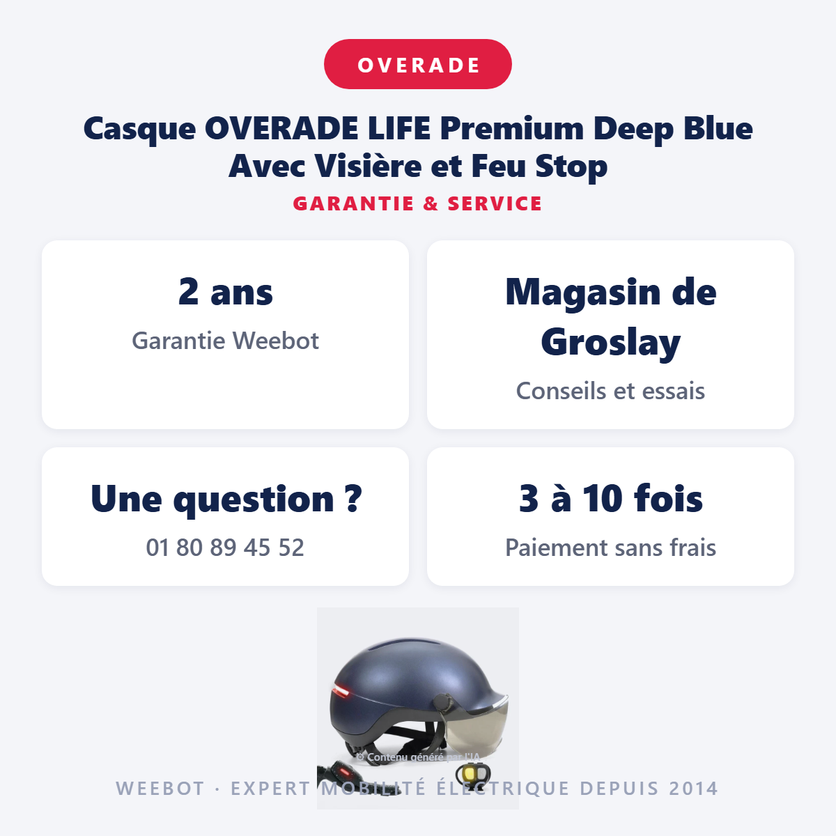 Casque OVERADE LIFE Premium Deep Blue Avec Visière et Feu Stop : garantie 2 ans et service après-vente