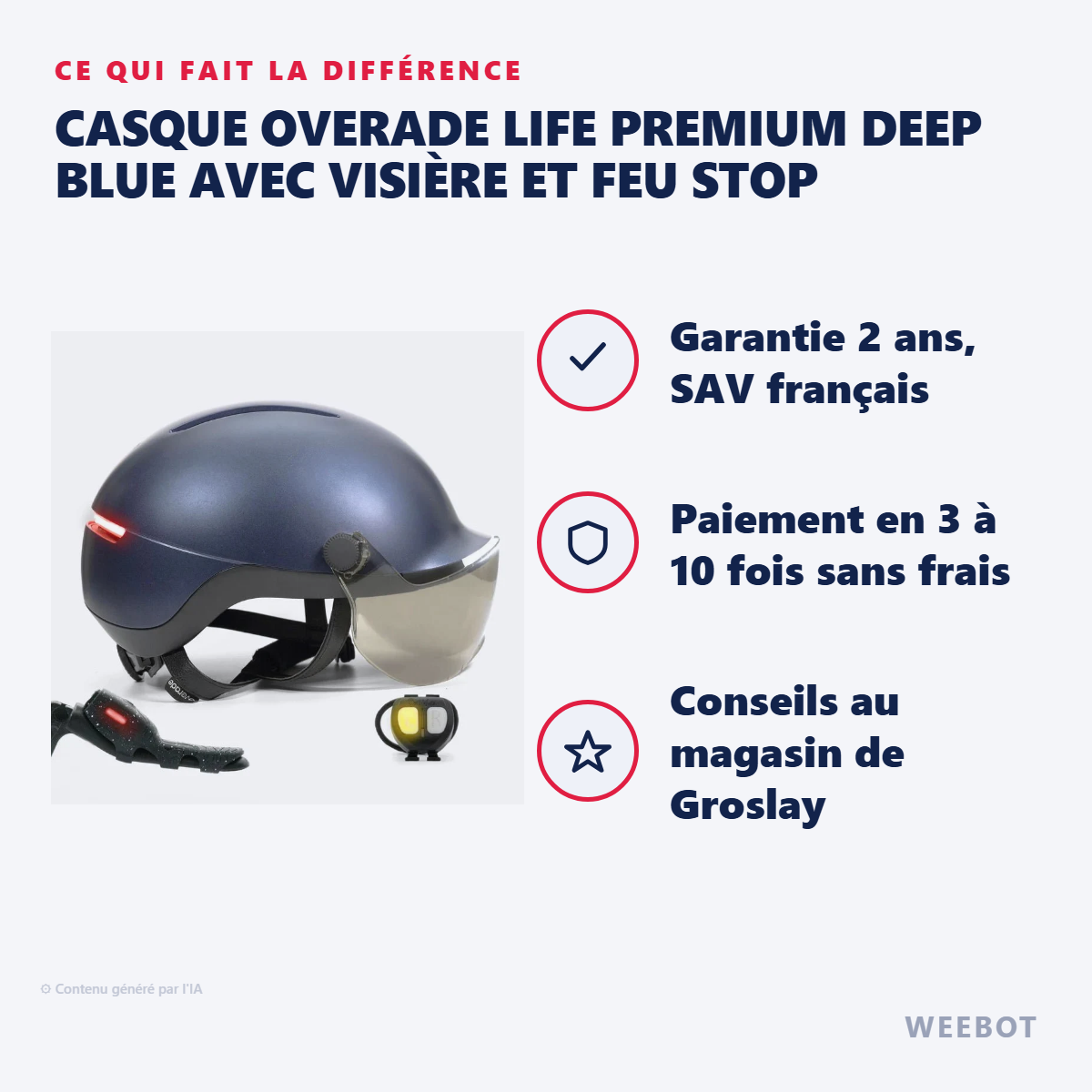 Casque OVERADE LIFE Premium Deep Blue Avec Visière et Feu Stop : les points forts