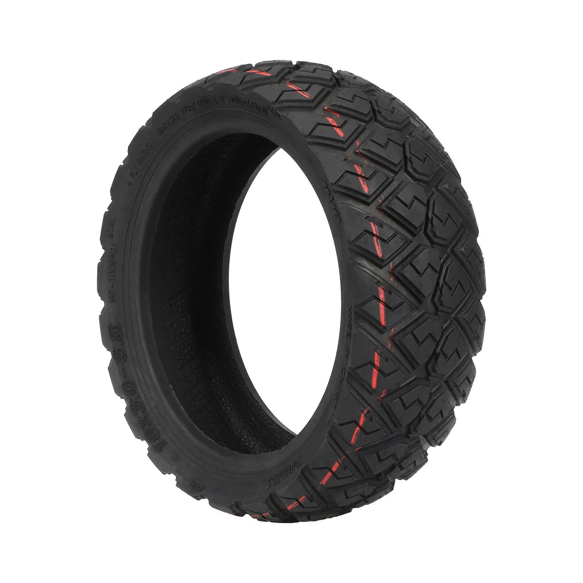 Pneu tubeless tout-terrain 10 pouces noir pour trottinette électrique vu de trois-quarts