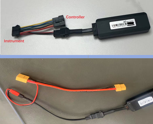 Tracker GPS 4G noir avec ses câbles de connexion et son câble adaptateur pour trottinette Dualtron Sonic N.