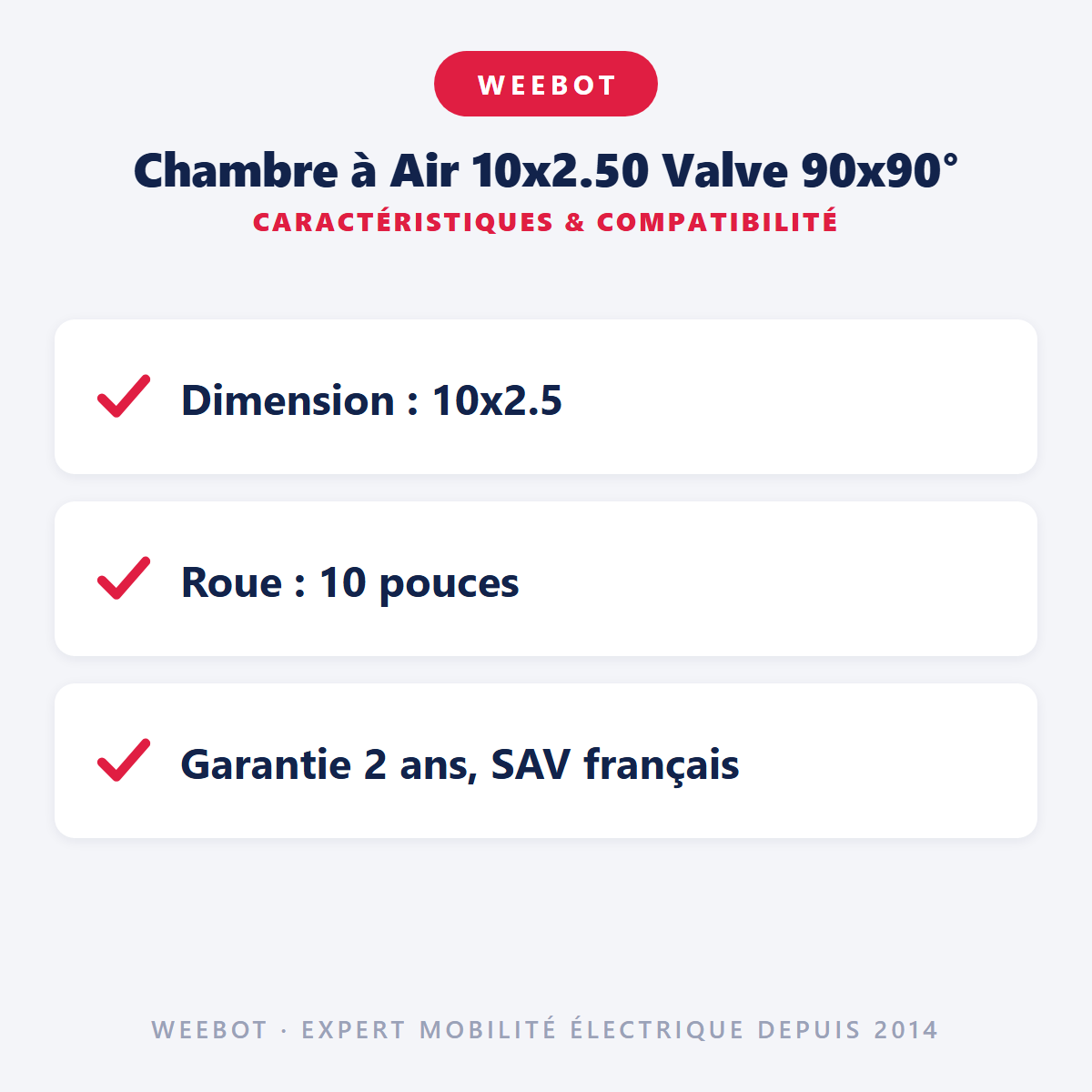 Chambre à Air 10x2.50 Valve 90x90° : caractéristiques et compatibilité