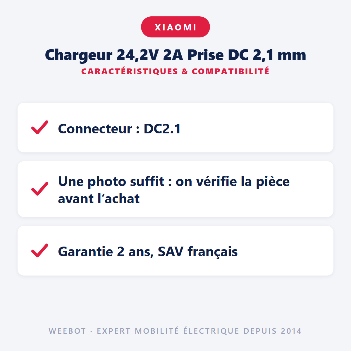 Chargeur 24,2V 2A Prise DC 2,1 mm : caractéristiques et compatibilité
