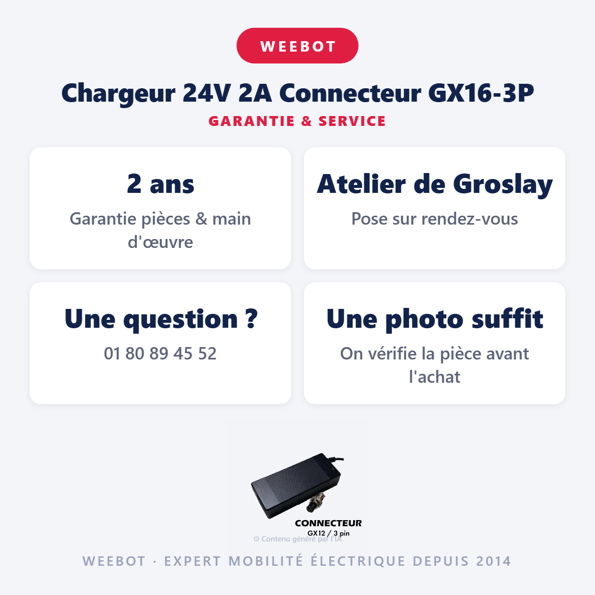 Chargeur 24V 2A Connecteur GX16-3P : garantie 2 ans et service après-vente