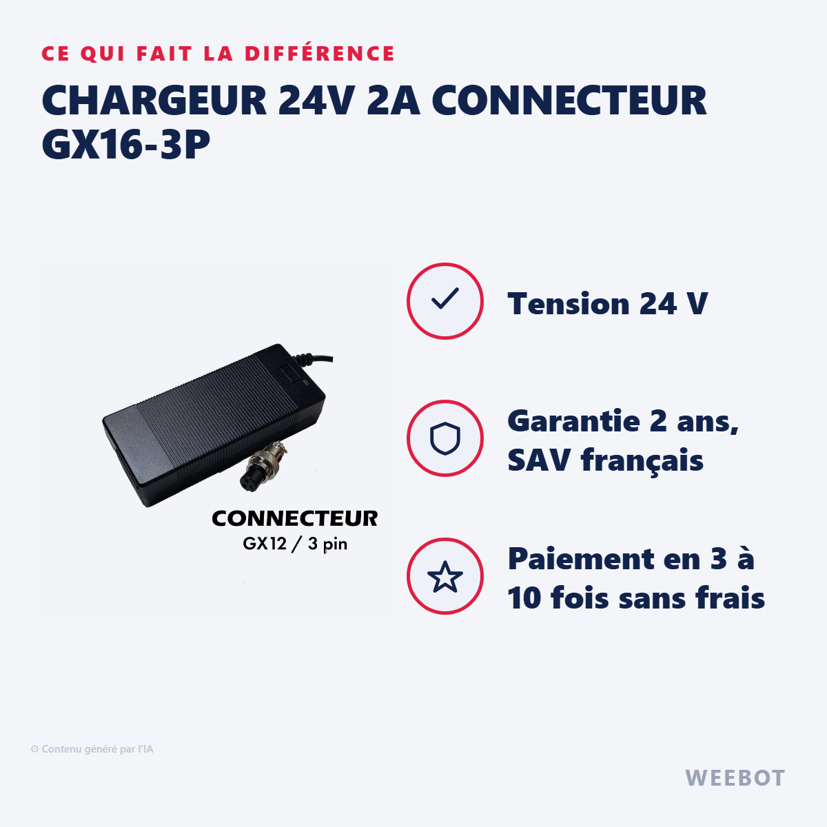 Chargeur 24V 2A Connecteur GX16-3P : les points forts