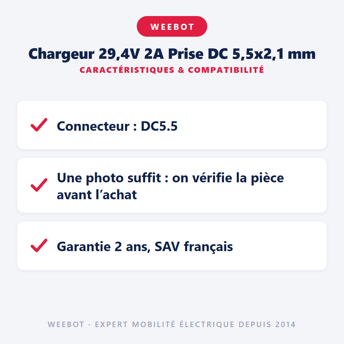 Chargeur 29,4V 2A Prise DC 5,5x2,1 mm : caractéristiques et compatibilité