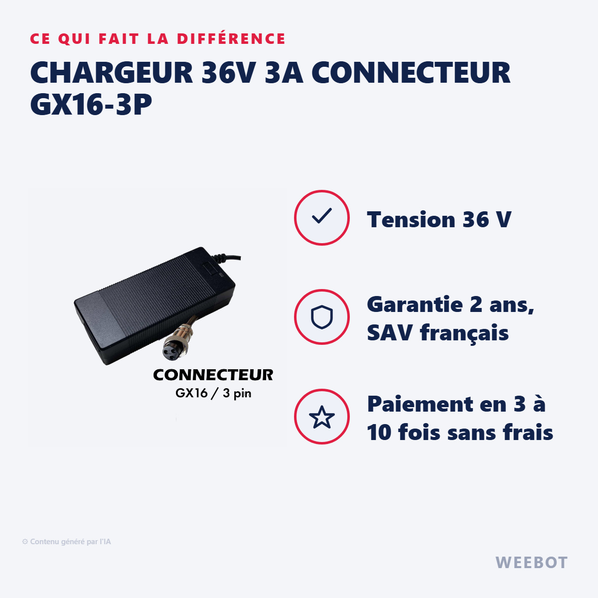 Chargeur 36V 3A Connecteur GX16-3P : les points forts