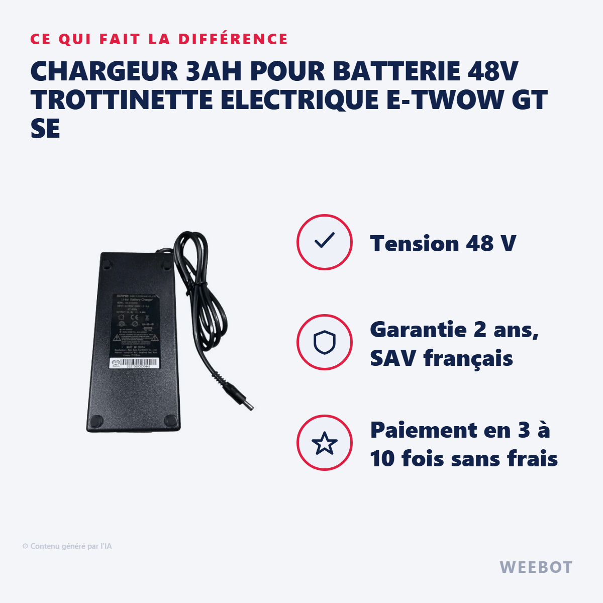 Chargeur 3AH pour Batterie 48V Trottinette Electrique E-Twow GT SE : les points forts