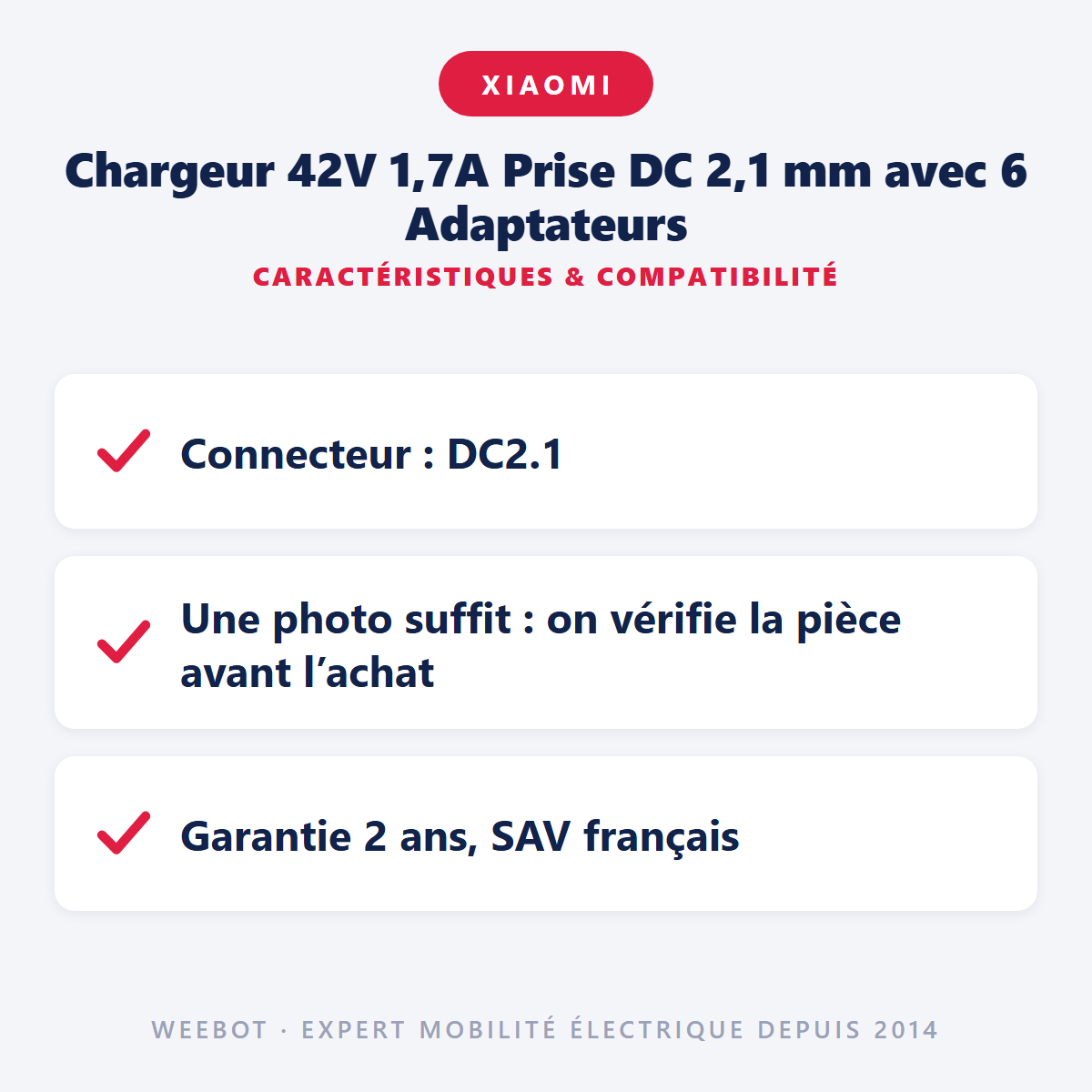 Chargeur 42V 1,7A Prise DC 2,1 mm avec 6 Adaptateurs : caractéristiques et compatibilité