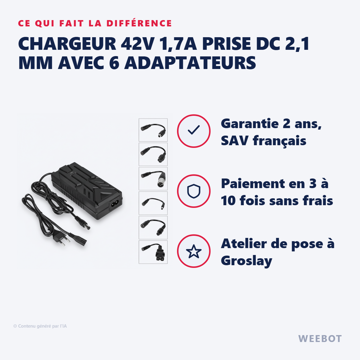 Chargeur 42V 1,7A Prise DC 2,1 mm avec 6 Adaptateurs : les points forts