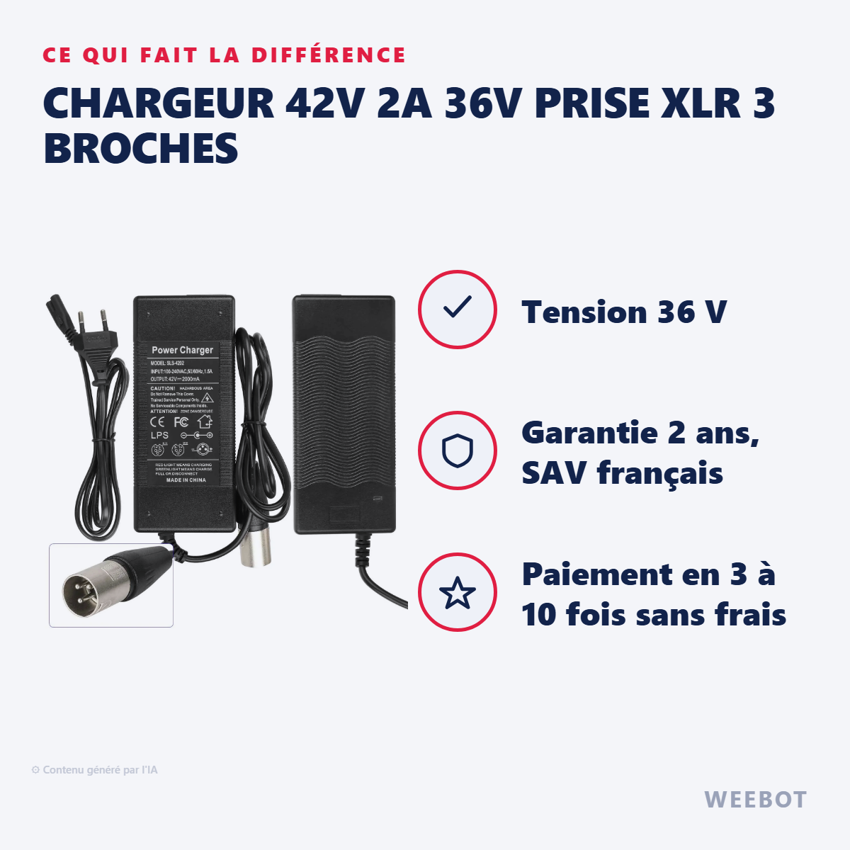 Chargeur 42V 2A 36V Prise XLR 3 Broches : les points forts