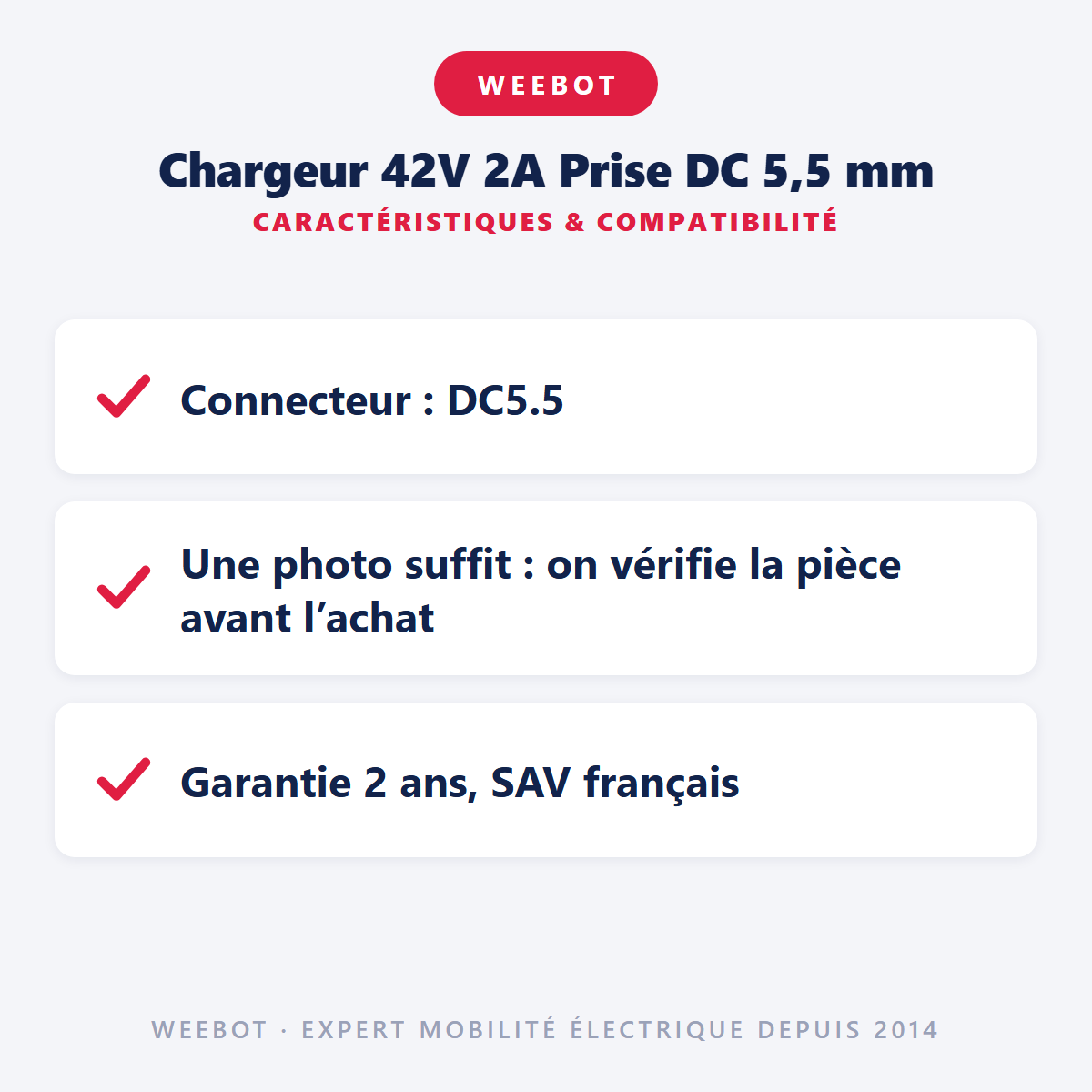 Chargeur 42V 2A Prise DC 5,5 mm : caractéristiques et compatibilité