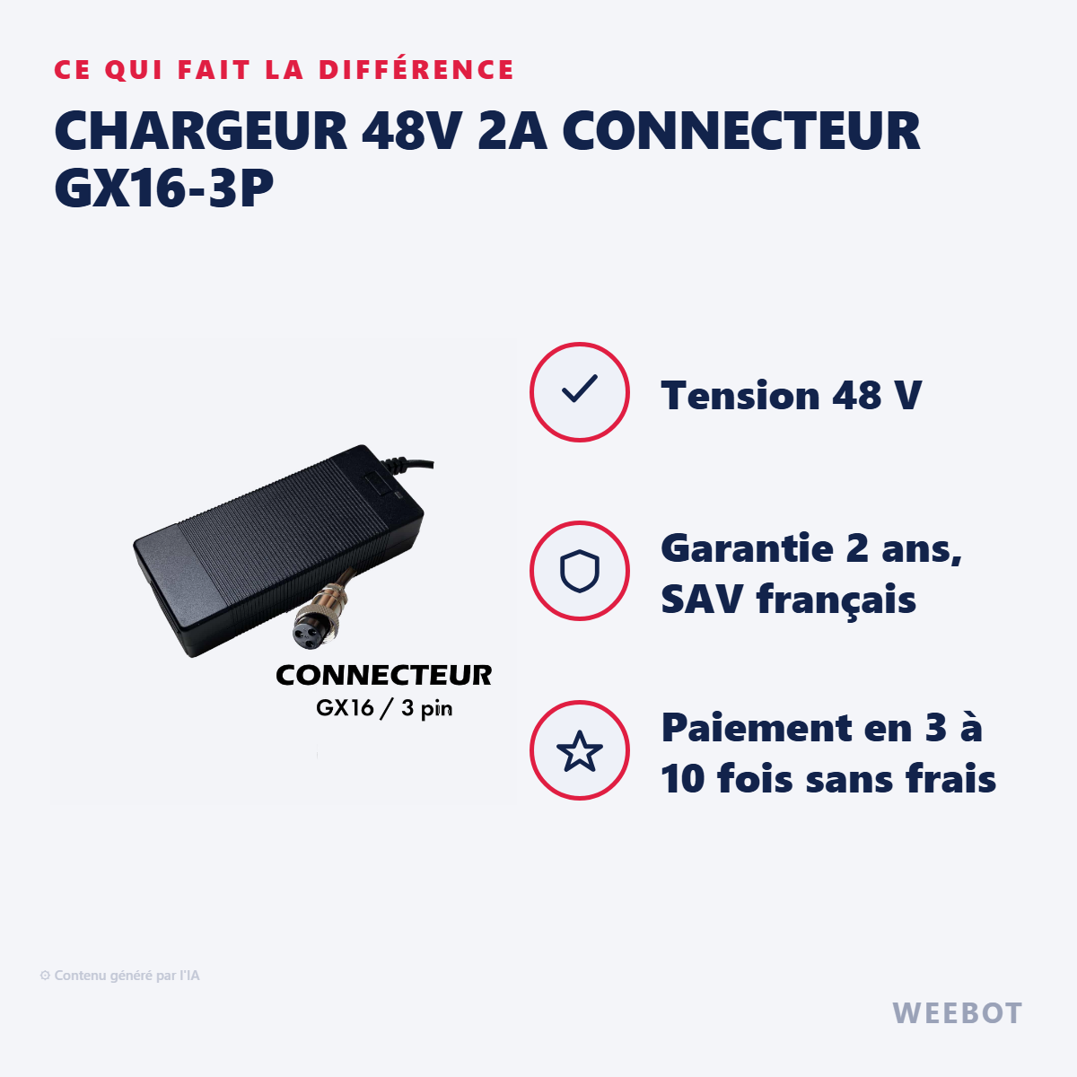 Chargeur 48V 2A Connecteur GX16-3P : les points forts