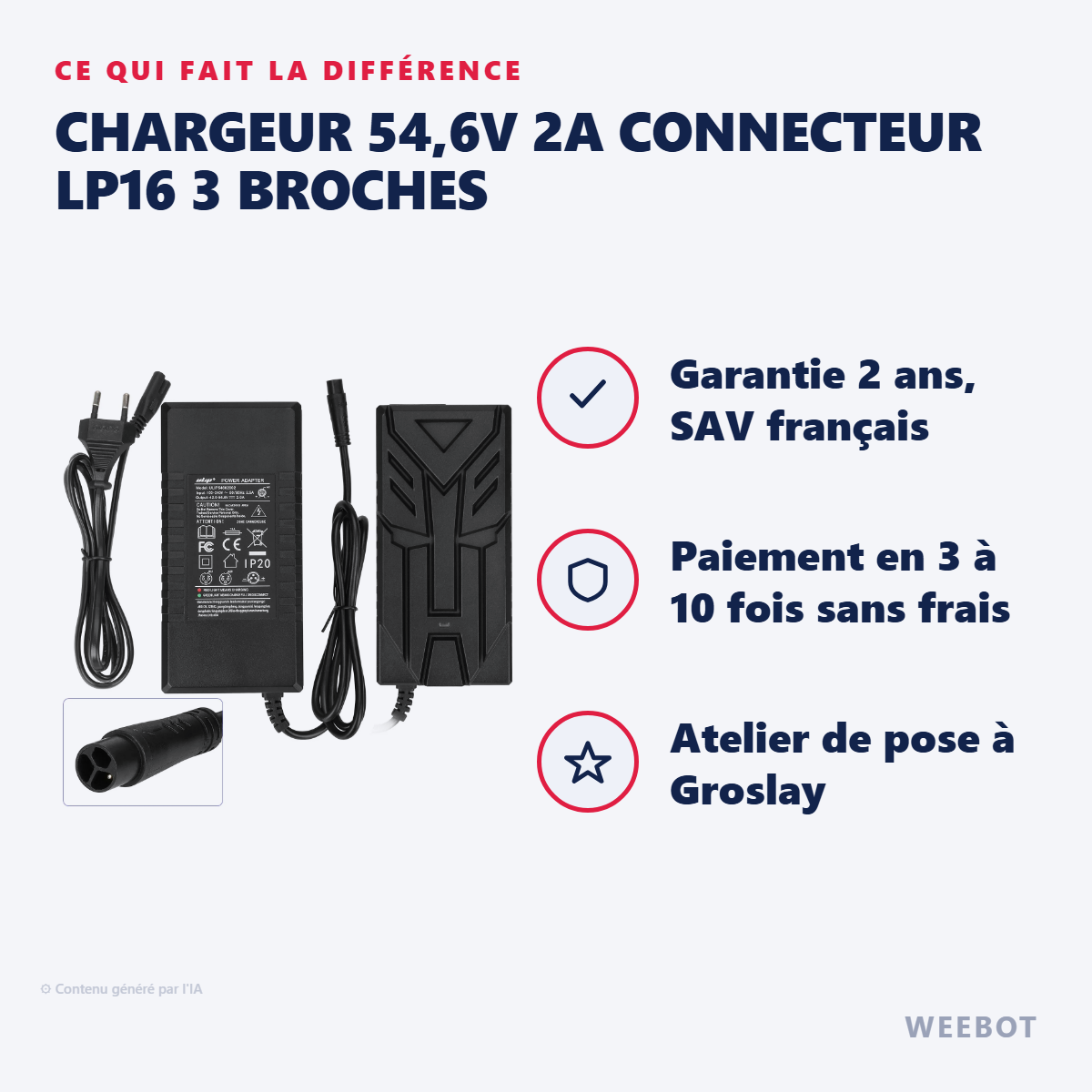 Chargeur 54,6V 2A Connecteur LP16 3 Broches : les points forts