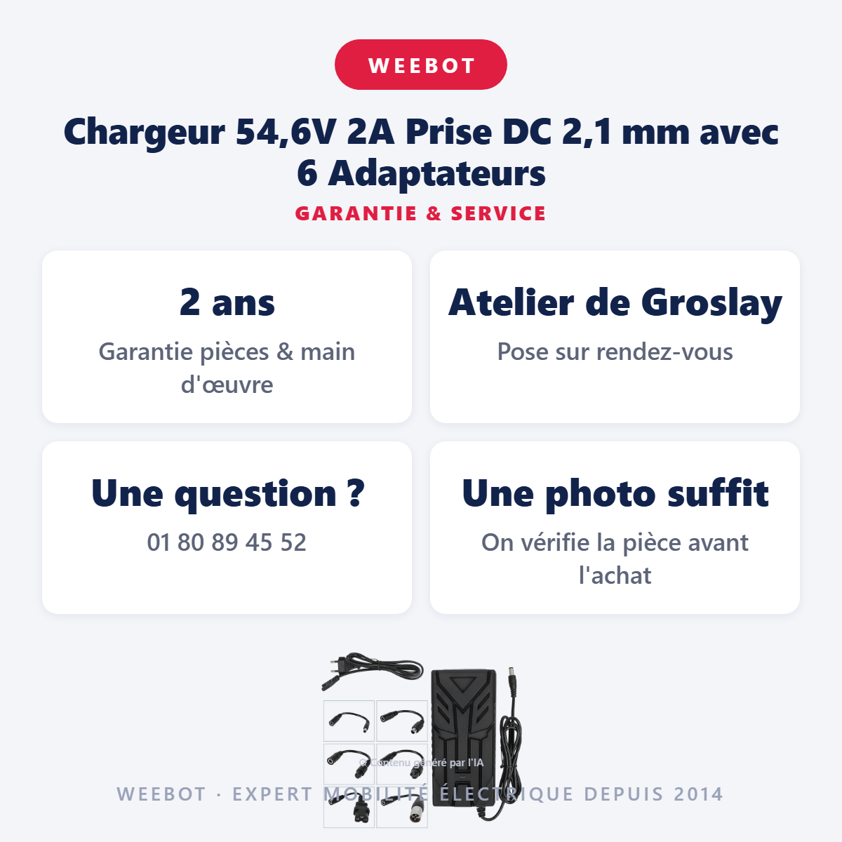 Chargeur 54,6V 2A Prise DC 2,1 mm avec 6 Adaptateurs : garantie 2 ans et service après-vente