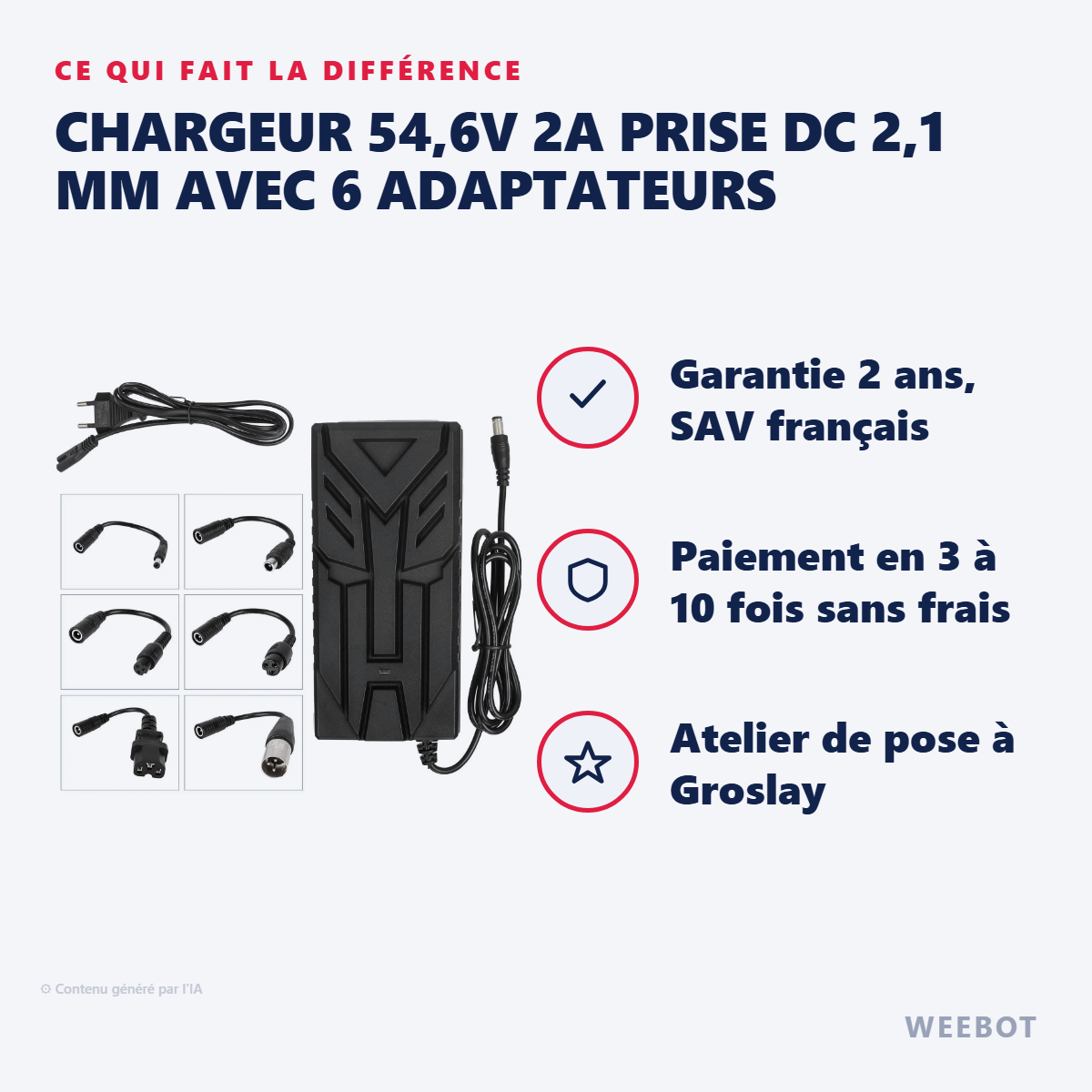 Chargeur 54,6V 2A Prise DC 2,1 mm avec 6 Adaptateurs : les points forts