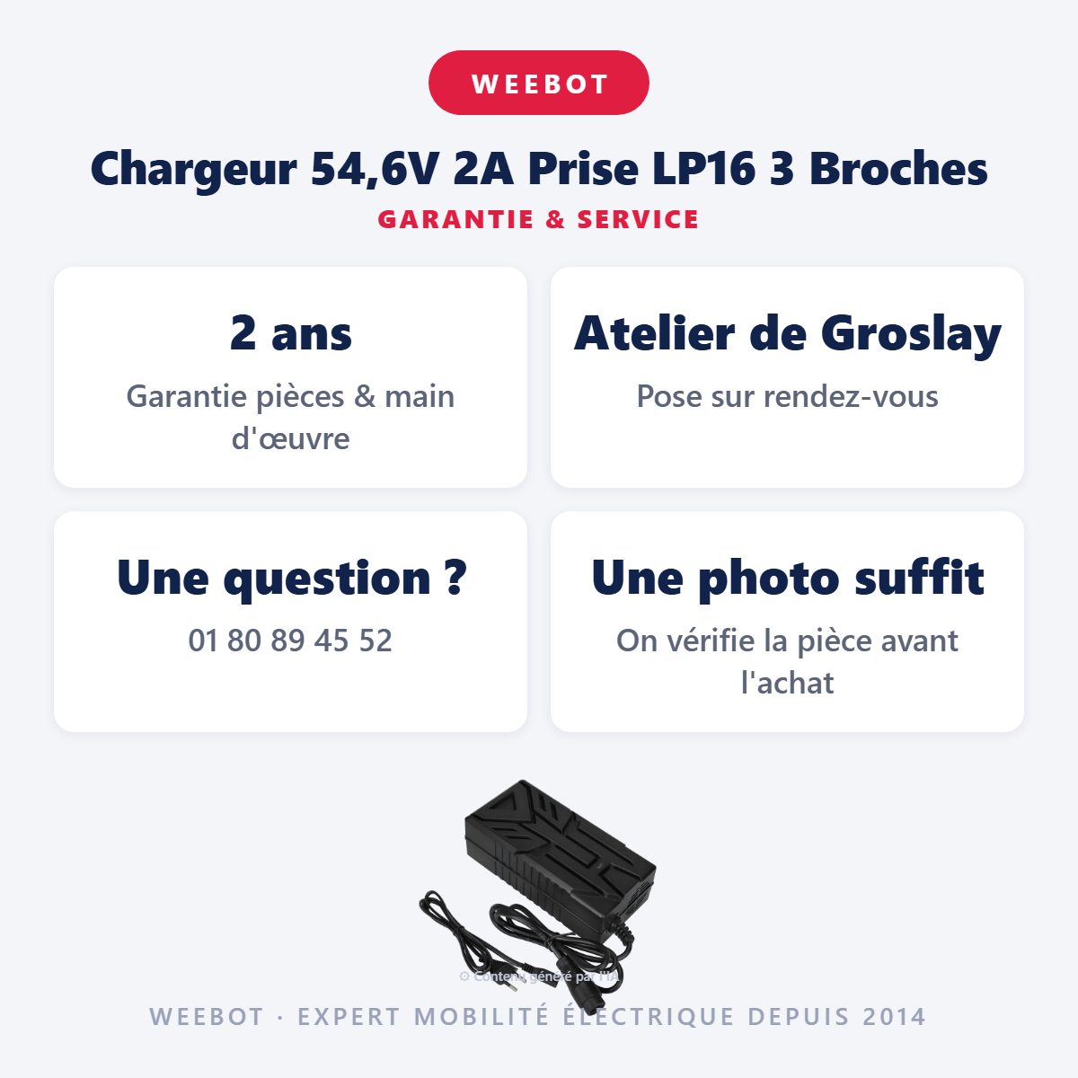 Chargeur 54,6V 2A Prise LP16 3 Broches : garantie 2 ans et service après-vente