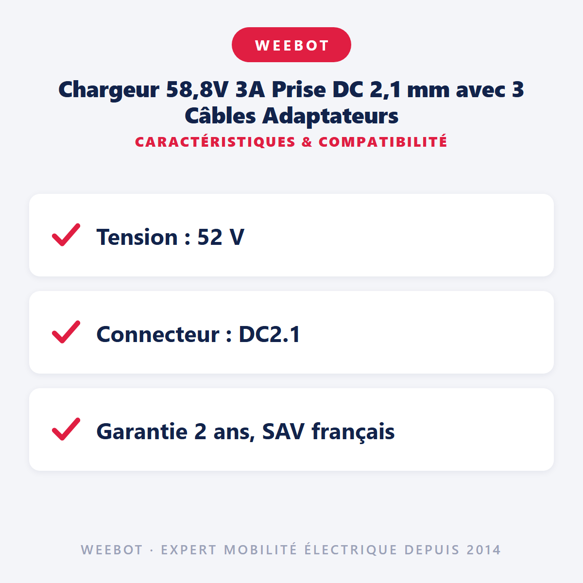 Chargeur 58,8V 3A Prise DC 2,1 mm avec 3 Câbles Adaptateurs : caractéristiques et compatibilité