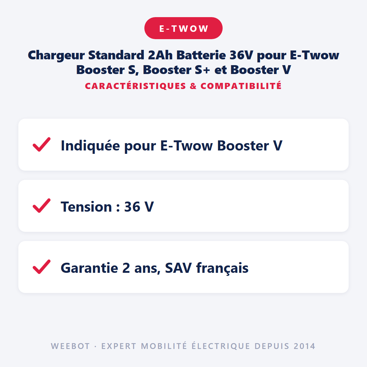 Chargeur Standard 2Ah Batterie 36V pour E-Twow Booster S, Booster S+ et Booster V : caractéristiques et compatibilité