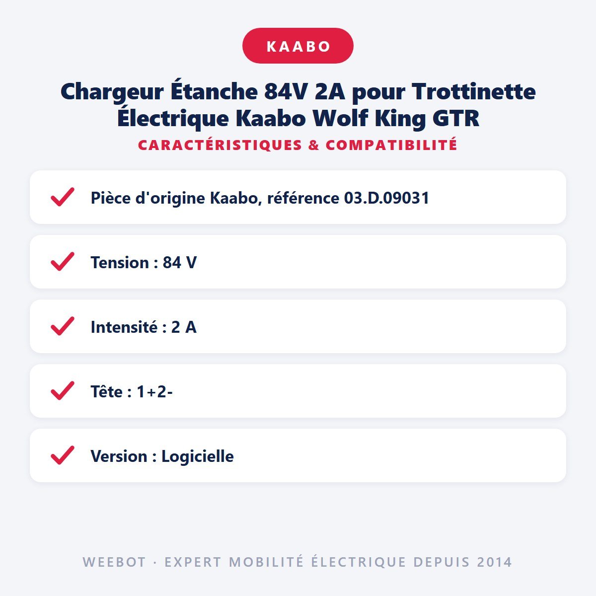 Chargeur Étanche 84V 2A pour Trottinette Électrique Kaabo Wolf King GTR - Weebot