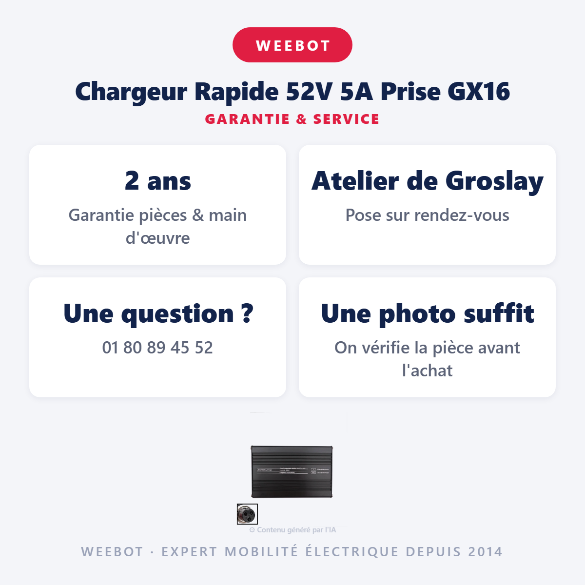 Chargeur Rapide 52V 5A Prise GX16 : garantie 2 ans et service après-vente