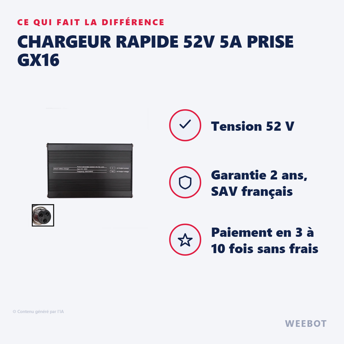 Chargeur Rapide 52V 5A Prise GX16 : les points forts