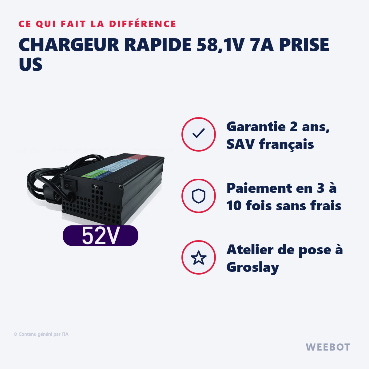 Chargeur Rapide 58,1V 7A Prise US : les points forts