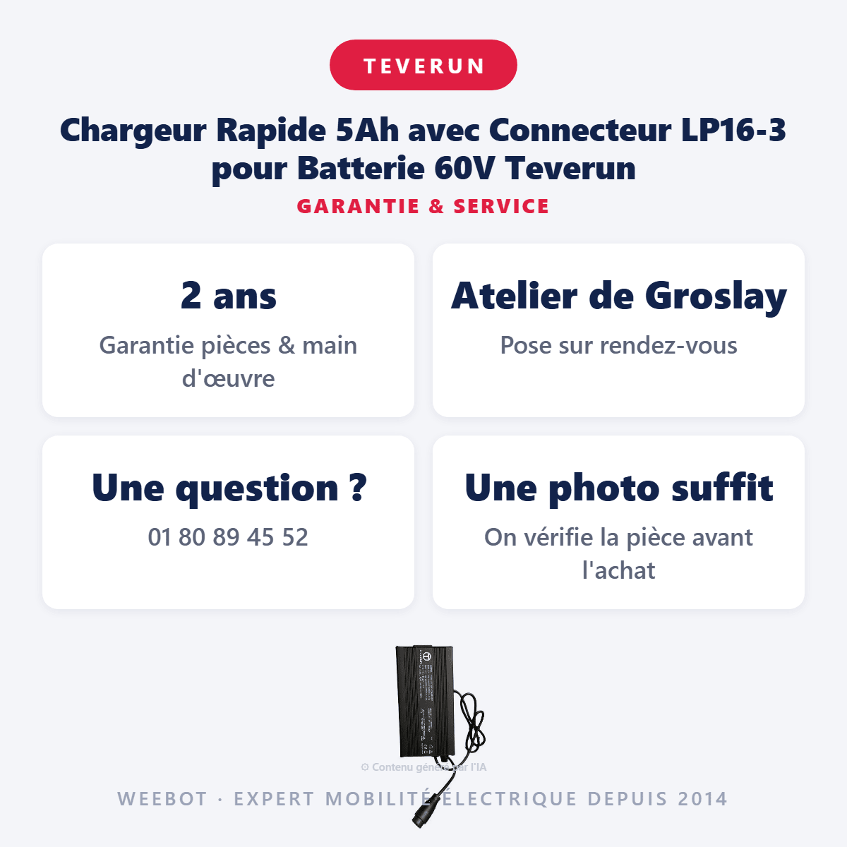 Chargeur Rapide 5Ah avec Connecteur LP16-3 pour Batterie 60V Teverun - Weebot