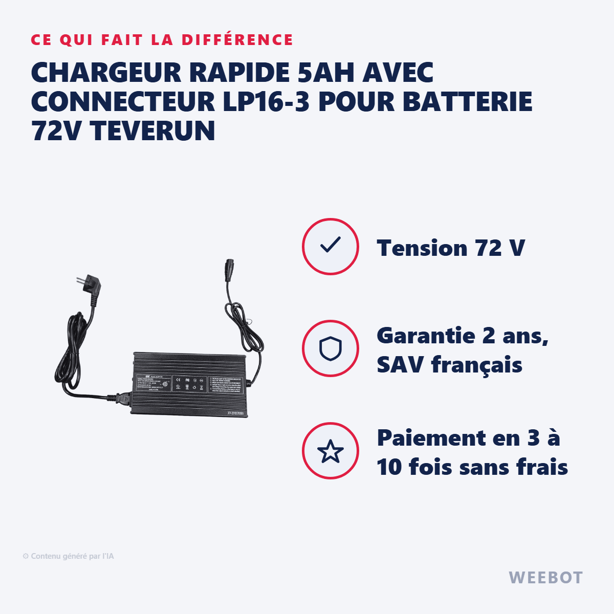 Chargeur Rapide 5Ah avec Connecteur LP16-3 pour Batterie 72V Teverun - Weebot