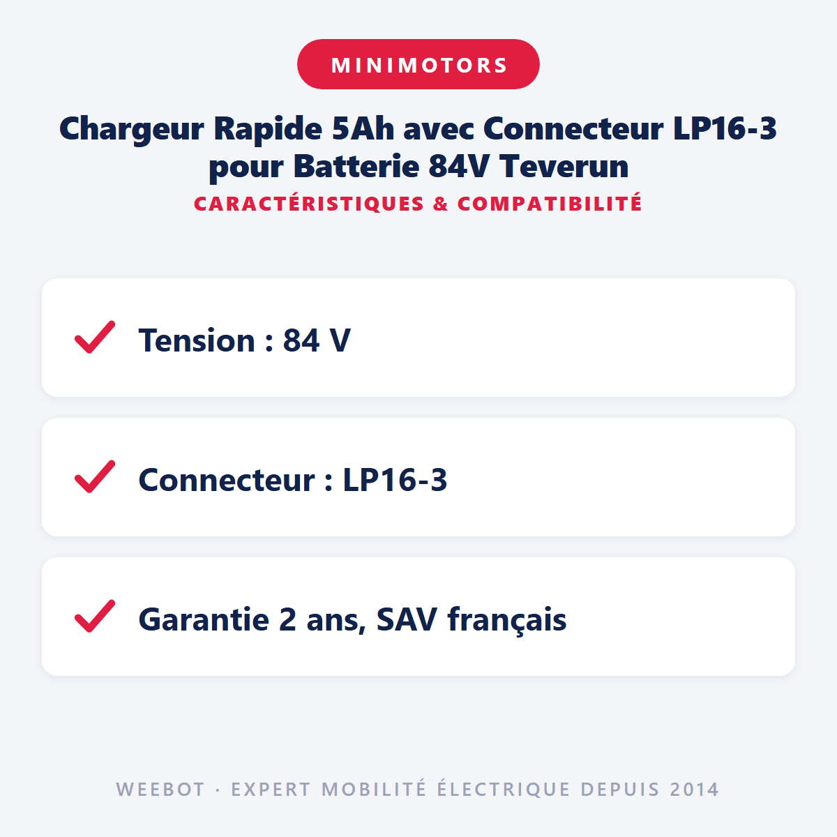 Chargeur Rapide 5Ah avec Connecteur LP16-3 pour Batterie 84V Teverun - Weebot