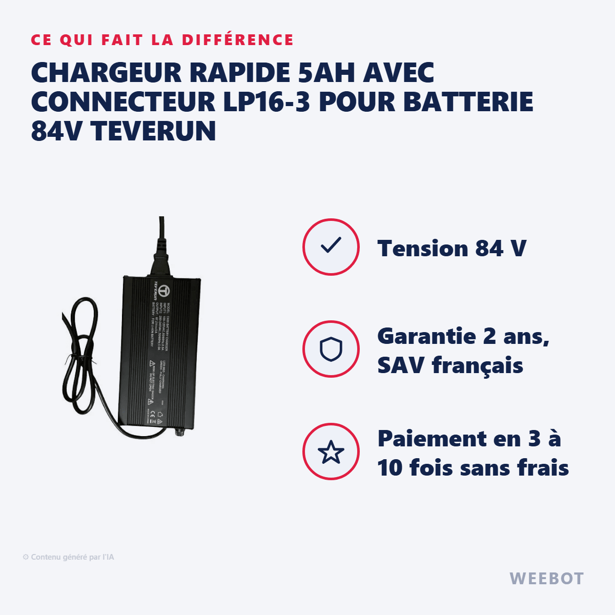 Chargeur Rapide 5Ah avec Connecteur LP16-3 pour Batterie 84V Teverun - Weebot