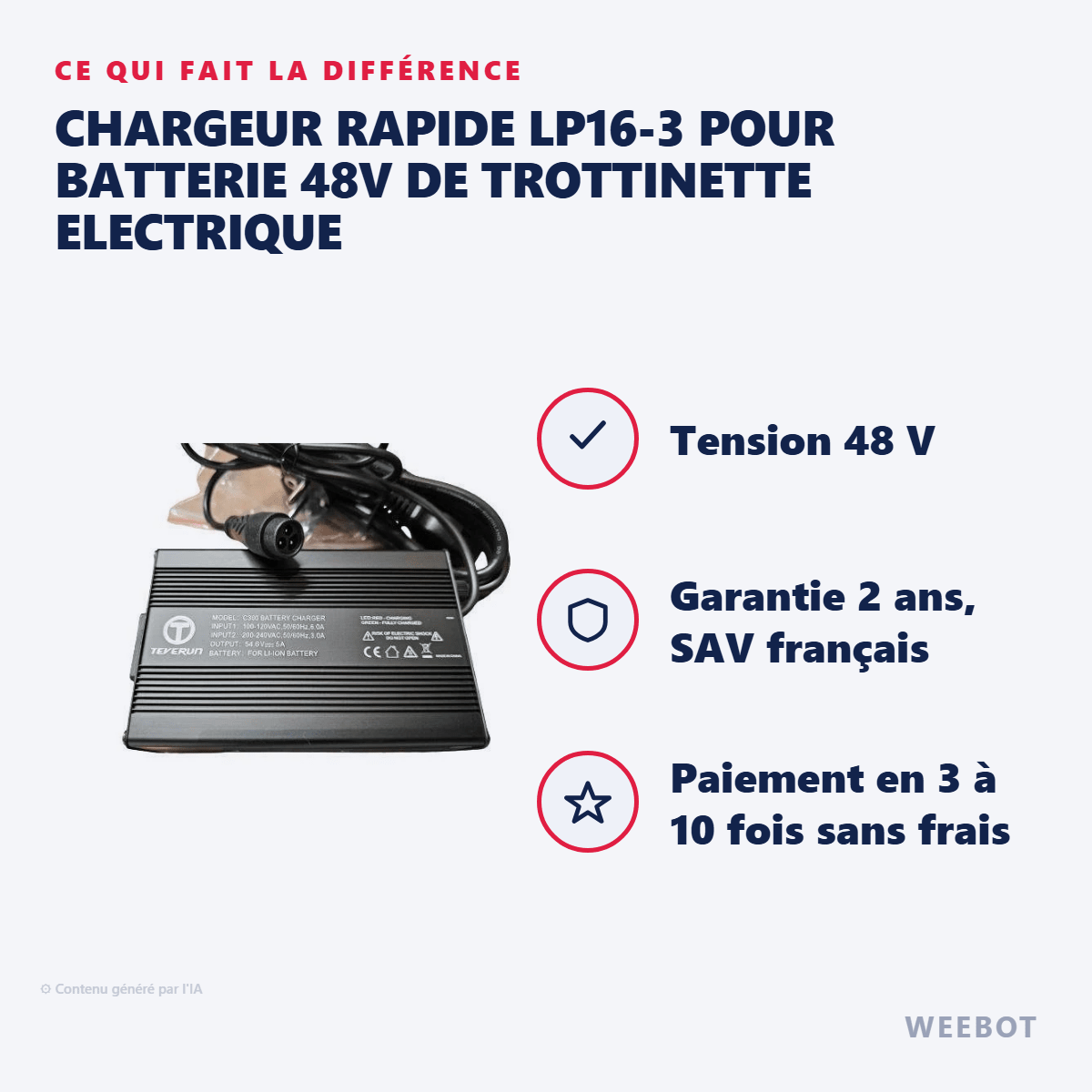 Chargeur Rapide LP16-3 pour Batterie 48V de Trottinette Electrique - Weebot