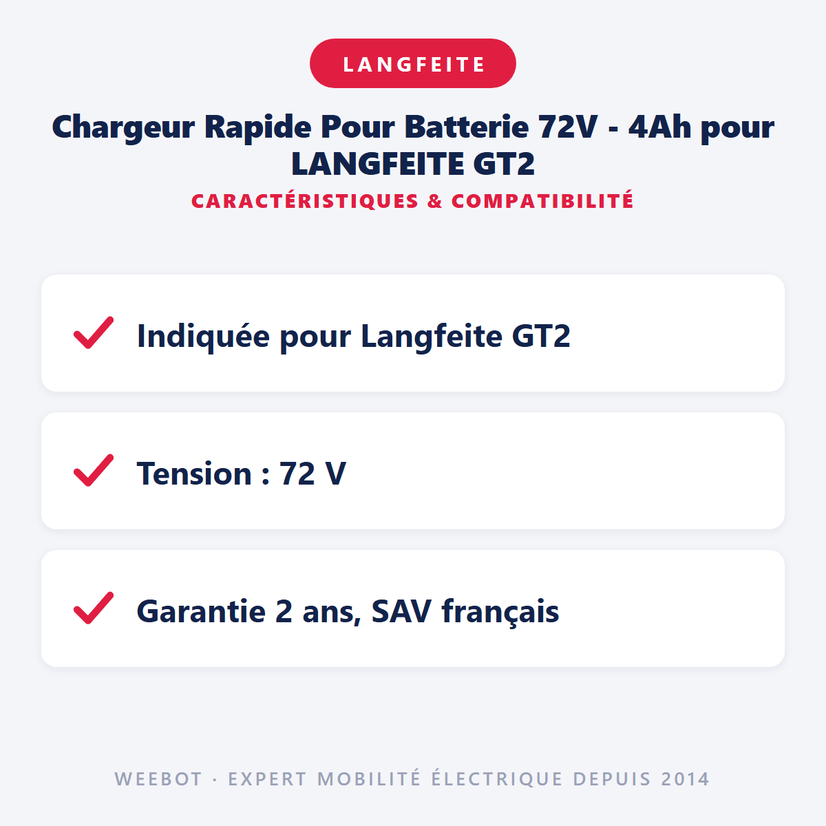 Chargeur Rapide Pour Batterie 72V - 4Ah pour LANGFEITE GT2 - Weebot