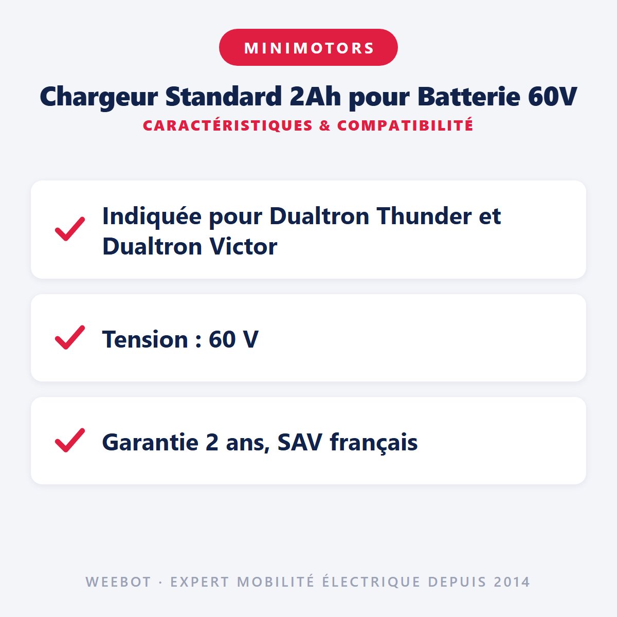 Chargeur Standard 2Ah pour Batterie 60V : caractéristiques et compatibilité