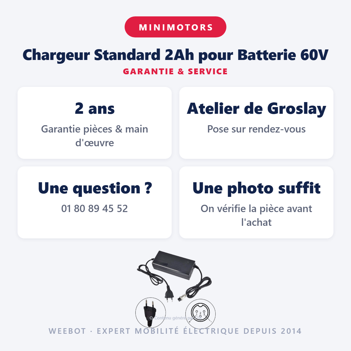 Chargeur Standard 2Ah pour Batterie 60V : garantie 2 ans et service après-vente
