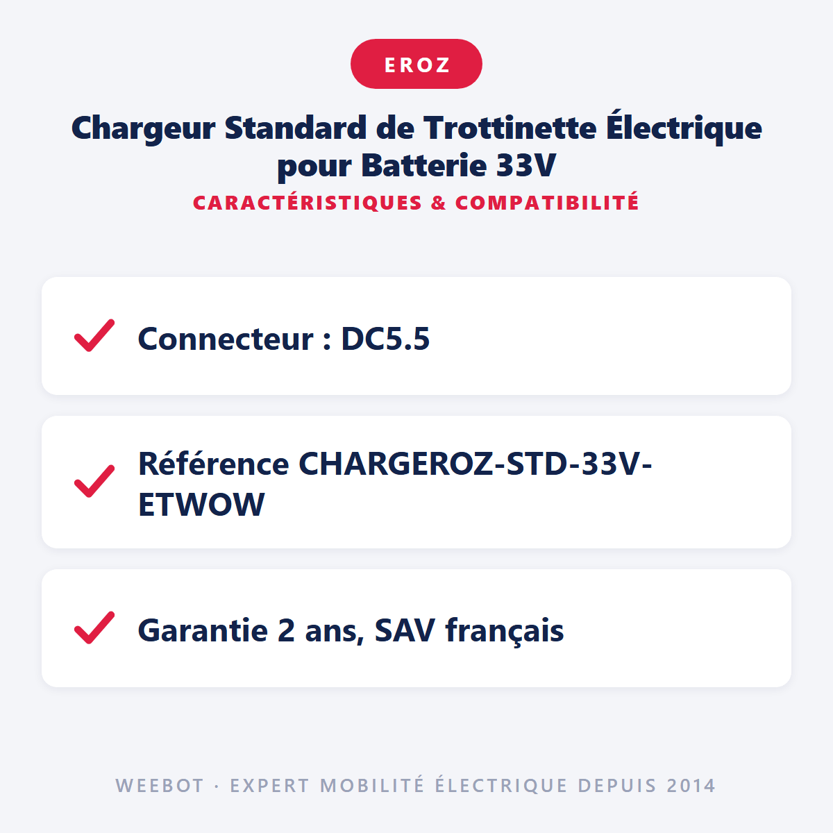 Chargeur Standard de Trottinette Électrique pour Batterie 33V (Connecteur DC 5.5*2.1mm) - Weebot