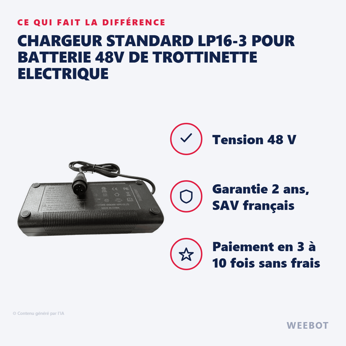 Chargeur Standard LP16-3 pour Batterie 48V de Trottinette Electrique - Weebot