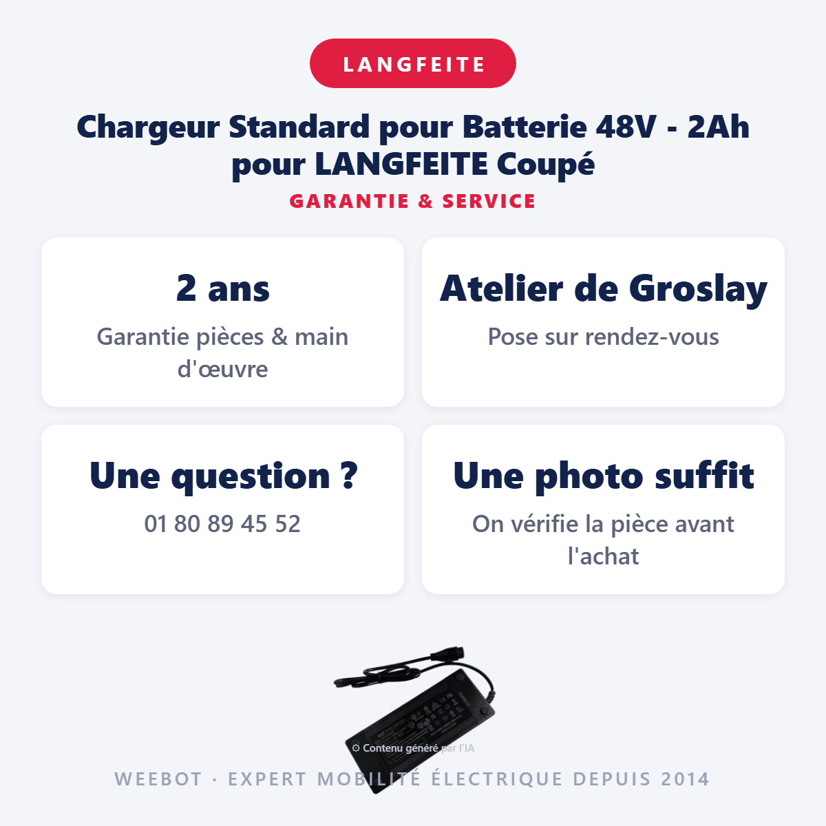 Chargeur Standard pour Batterie 48V - 2Ah pour LANGFEITE Coupé - Weebot