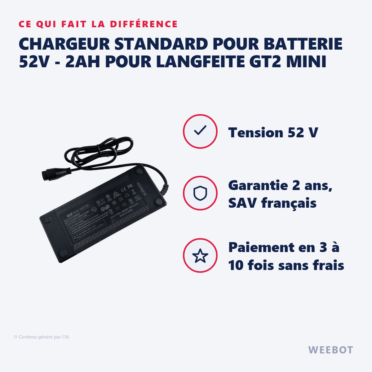 Chargeur Standard pour Batterie 52V - 2Ah pour LANGFEITE GT2 mini - Weebot