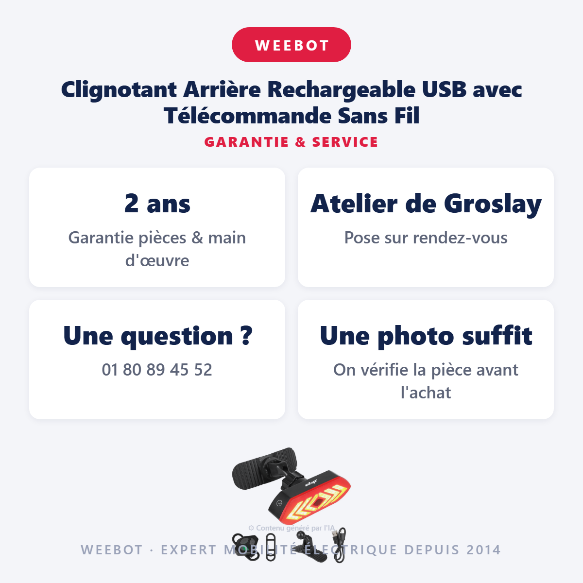 Clignotant Arrière Rechargeable USB avec Télécommande Sans Fil : garantie 2 ans et service après-vente