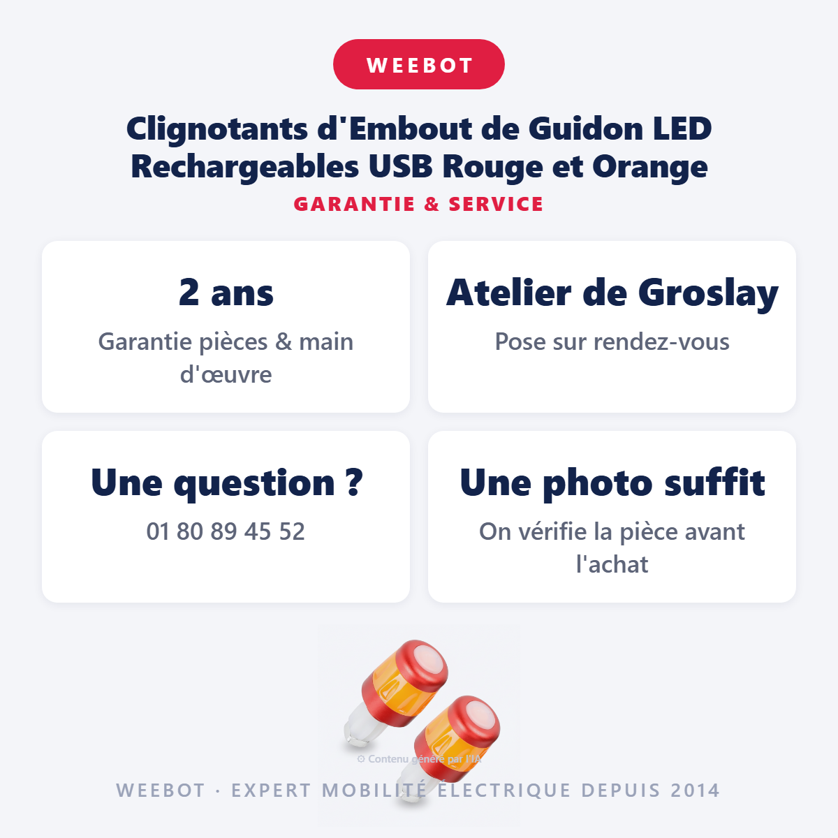 Clignotants d'Embout de Guidon LED Rechargeables USB Rouge et Orange : garantie 2 ans et service après-vente