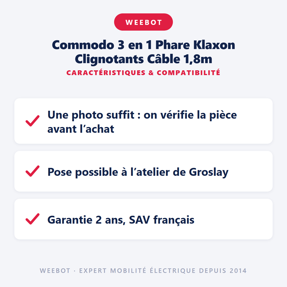 Commodo 3 en 1 Phare Klaxon Clignotants Câble 1,8m : caractéristiques et compatibilité